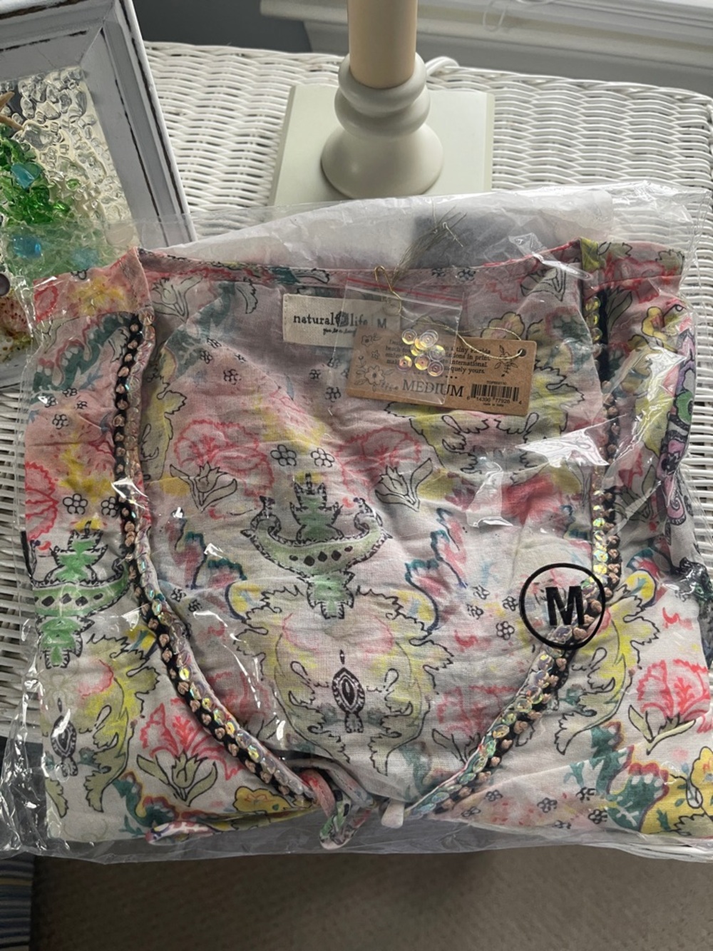 NATURAL LIFE Pastel Floral Beaded Trim Top - Pink Green Yellow Blue - Picture 2 of 6